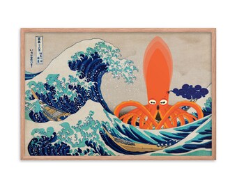 Póster enmarcado - Squidoodle vs. The Great Wave off Kanagawa por Katsushika Kokusai