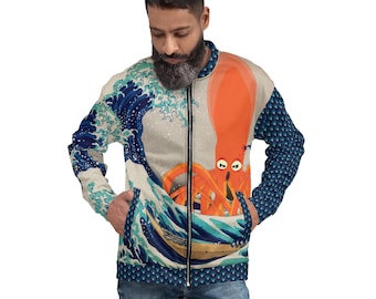 Chaqueta bomber unisex - Squidoodle vs. La gran ola de Kanagawa con detalles en el patrón de ondas Seigaiha