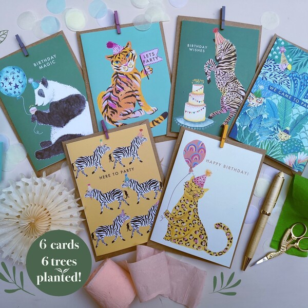 Party Animal Eco Card bundle. 6 cards = 6 trees planted. Eco friendly. Recycled Card. Compostable packaging.