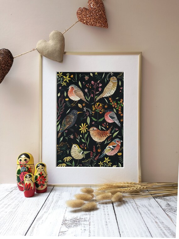 Garden birds print. (2 colour options) Kids room decor. Woodland decor. Bird lovers. Gender neutral. Earth tones. Playroom. Nursery art.