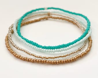 Blue Seed Bead Bracelet Stack Stretch Bracelet Set Surfer Bead Bracelet for Women Beachy Boho Bracelet Handmade Tiny Seed Bead Bracelet
