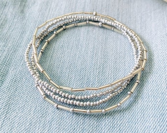 Silver Bracelet Stack, Seed Bead Bracelets, Stretch Bracelets for Women, Bracelet Stack, Handmade Bracelet