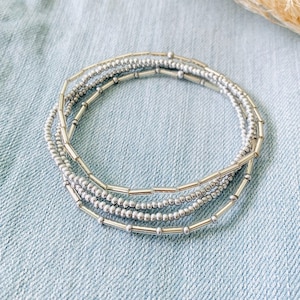 Silver Bracelet Stack, Seed Bead Bracelets, Stretch Bracelets for Women, Bracelet Stack, Handmade Bracelet