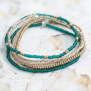 Dainty Beaded Emerald Green Stretch Bracelet Set Gold Small Bead Bracelet Stack for Women Custom Size Bracelet Seed Bead Layering Bracelets