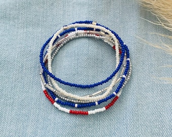 Patriotic Stretch Bracelet Set, Seed Bead Bracelet, Small Beaded Bracelets, American Bracelet, Red White & Blue, Minimalist, Handmade