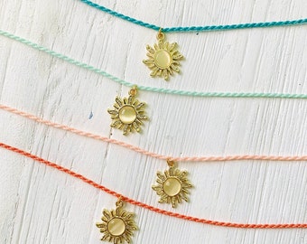 Sun Charm Necklace Beachy Necklace Cord Necklace for Women or Girls Handmade Jewelry