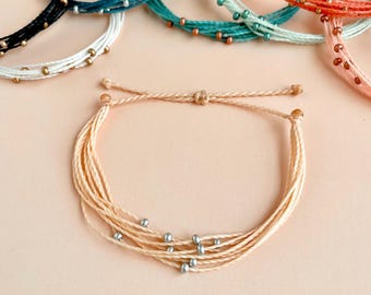 String Armband mit Perlen Surfer Perlenarmband für Frauen Beachy Boho Armband Kordel Verstellbares Pull String Armband Gewachstes Kordel Armband Set