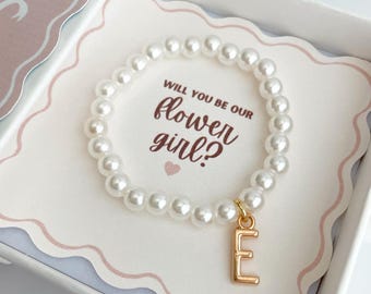 Flower Girl Proposal Gift Bracelet Pearl Initial Charm Jewelry Personalized Proposal Toddler Keepsake Present Will You Be My Flower Girl Box