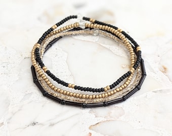 Bracelet Set, Seed Bead Bracelet, Black Bracelet, Gold Bracelet, Bracelet Stack, Minimalist Beaded Bracelet, Stretch Bracelet, Dainty