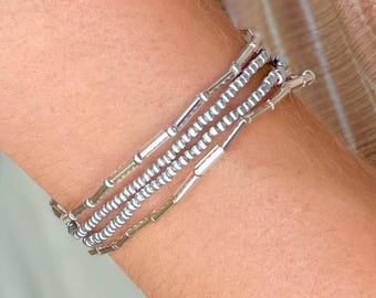 Silver Beaded Set Stretch Elastic Layering Bracelet Stack Simple Gift Wedding Party Jewelry Thin Delicate Women Everyday Casual Style Dainty