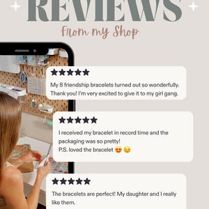 May include: A graphic display featuring the text REVIEWS From my Shop at the top, followed by three white rectangular speech bubbles containing five-star ratings and customer feedback text regarding friendship bracelets and packaging.