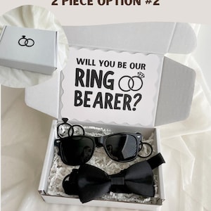 Kids Bridal Party Ask Gift Ring Bearer Proposal Box Wedding Invitation Package Complete Set Black Bow Tie Sunglasses Ring Pop Candy Confetti Surprise White Crinkle Paper Presentation Scalloped Card Ceremony Role Question Wedding Party