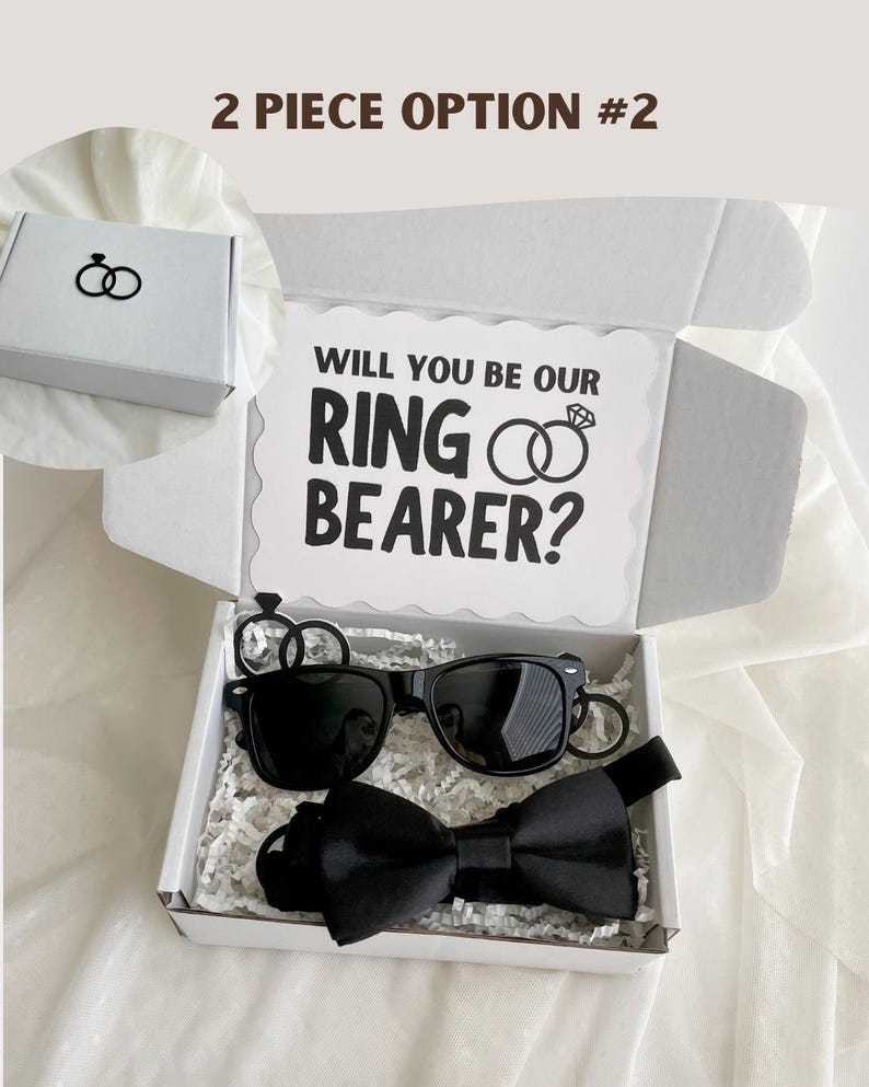Kids Bridal Party Ask Gift Ring Bearer Proposal Box Wedding Invitation Package Complete Set Black Bow Tie Sunglasses Ring Pop Candy Confetti Surprise White Crinkle Paper Presentation Scalloped Card Ceremony Role Question Wedding Party