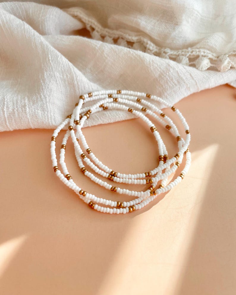 White and Gold Seed Bead Bracelet Stackable Stretchy Bracelet Minimalist Bead Bracelets Dainty Layering Beaded Boho Bracelet Set for Women image 9