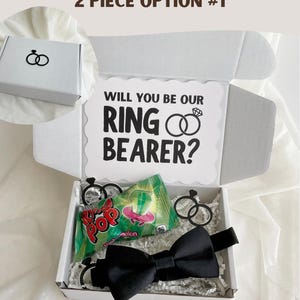 Wedding Gift Box Ring Bearer Proposal Package Black Bow Tie Sunglasses Accessories Ring Pop Candy Treats Confetti Surprise White Crinkle Paper Fill Scalloped Card Ceremony Role Ask Kids Bridal Party Invitation Present Complete Wedding Party