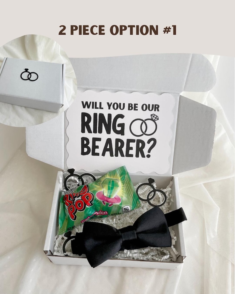 Wedding Gift Box Ring Bearer Proposal Package Black Bow Tie Sunglasses Accessories Ring Pop Candy Treats Confetti Surprise White Crinkle Paper Fill Scalloped Card Ceremony Role Ask Kids Bridal Party Invitation Present Complete Wedding Party