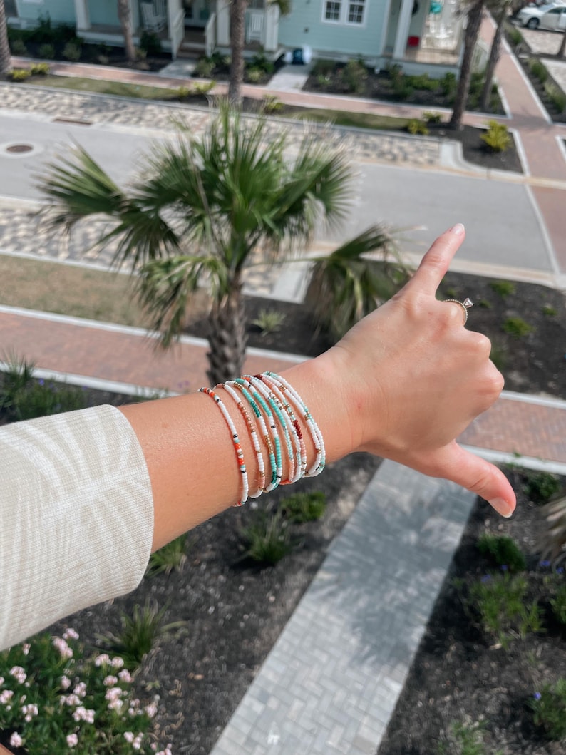 Glass Bead Bracelet Handmade Design Boho Style Collection Summer Beach Fashion Essential Delicate Stretch Band Perfect Stacking Set Layering Piece Multiple Colors Available Custom Size Options Casual Wear Jewelry