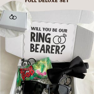 Complete Wedding Party Proposal Ring Bearer Gift Box Invitation Package Kids Bridal Party Ask Present Surprise Set Black Bow Tie Sunglasses Ring Pop Candy Confetti White Crinkle Paper Fill Scalloped Card Ceremony Role Question Ready To Give