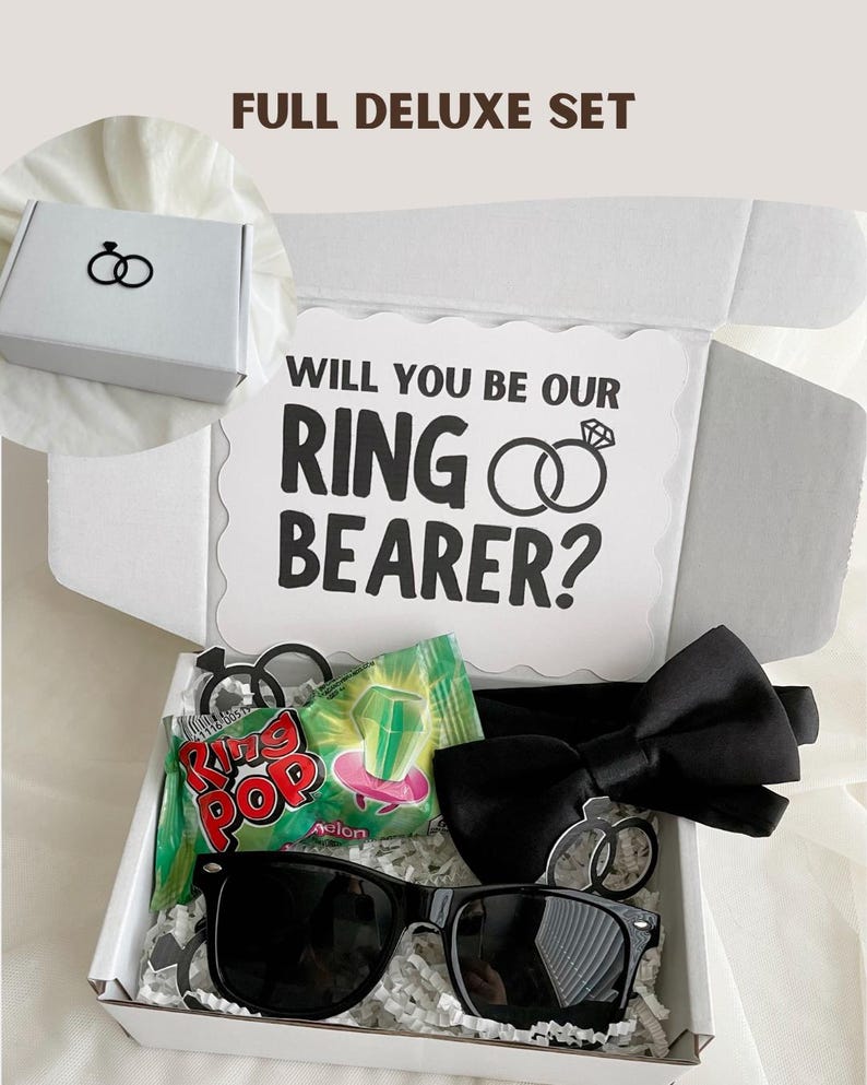 Complete Wedding Party Proposal Ring Bearer Gift Box Invitation Package Kids Bridal Party Ask Present Surprise Set Black Bow Tie Sunglasses Ring Pop Candy Confetti White Crinkle Paper Fill Scalloped Card Ceremony Role Question Ready To Give