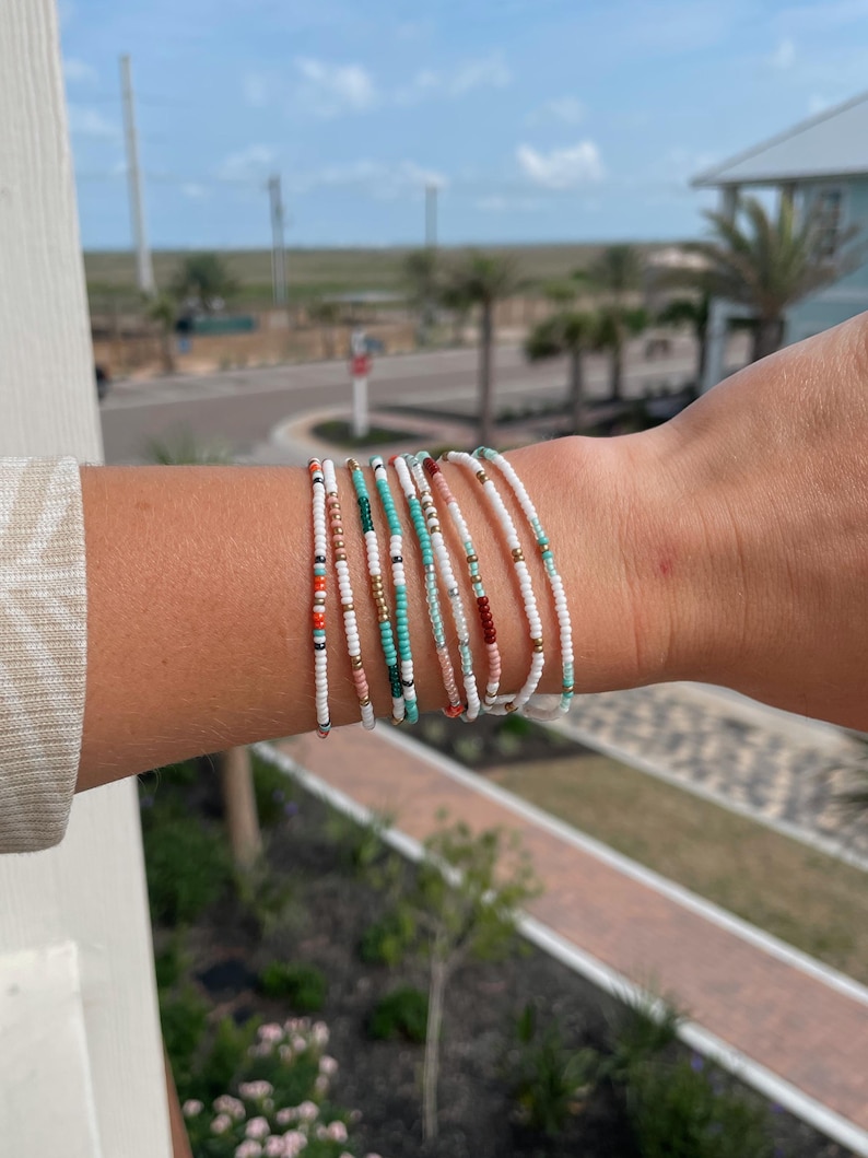 Seed Bead Bracelet Boho Style Beach Fashion Delicate Glass Beads Summer Collection Stretch Design Casual Wear Stacking Set Layering Piece Multiple Size Options Custom Fit Available Handmade Jewelry Essential Thin Band Elegant Style