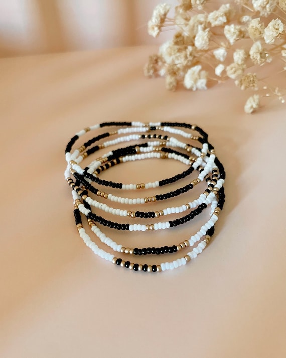 Tiny Beaded Stretch Bracelet Set Gold and Black College Graduation Gift Boho Jewelry Stacking Elastic Bracelet Grad Gift for Her Handmade