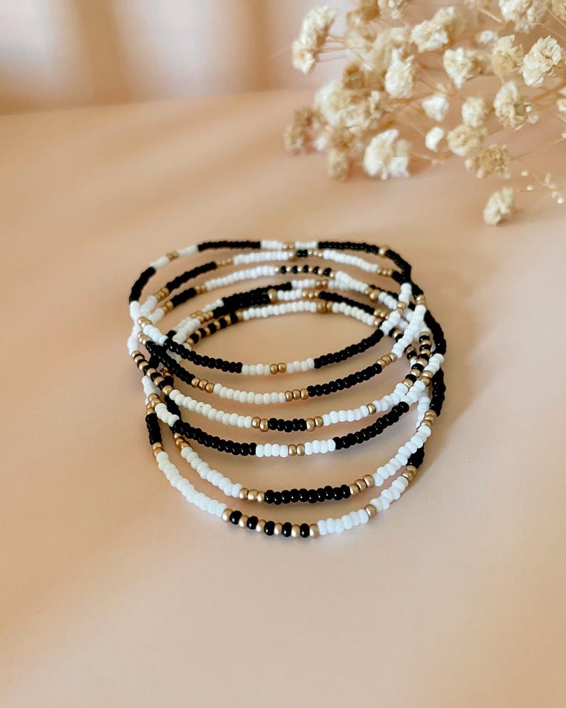 Tiny Beaded Stretch Bracelet Set in Black and Gold Colors