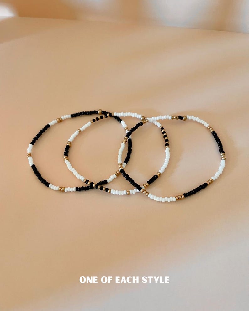 Set of 3 Black, Gold and White Stretchy Beaded Bracelets