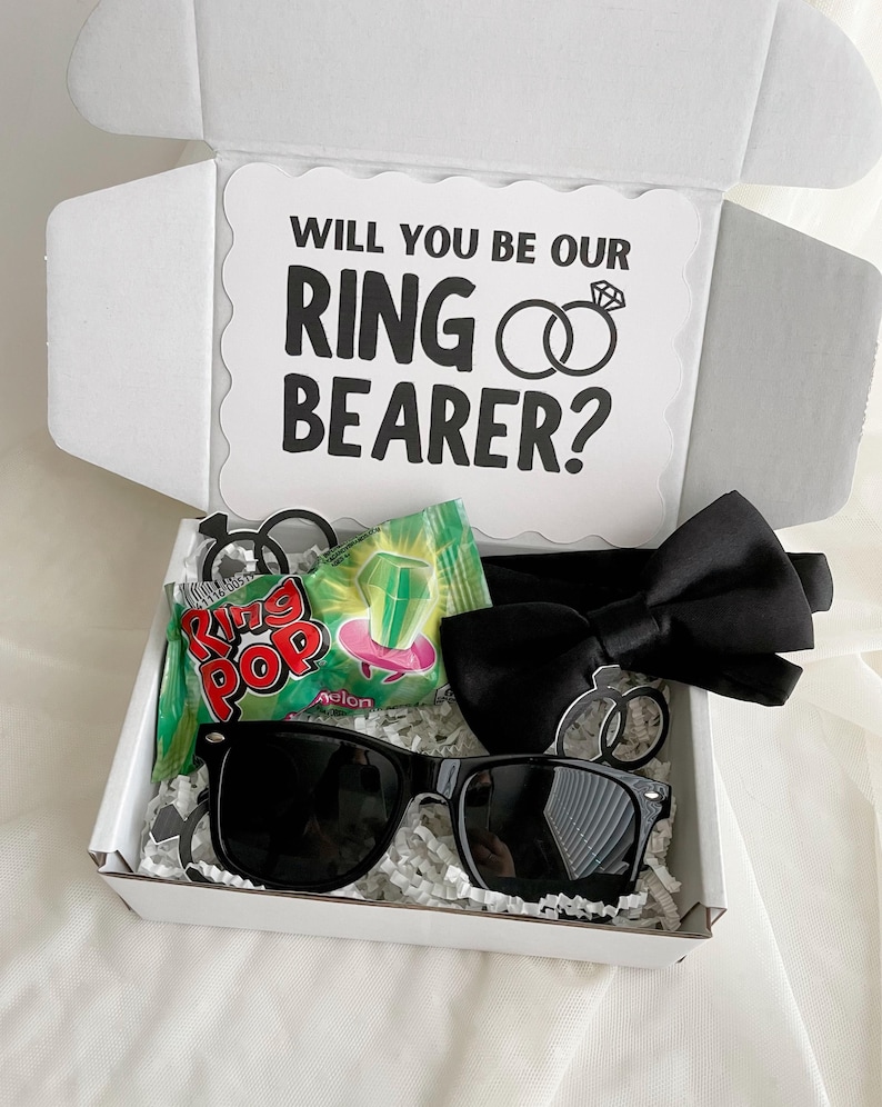 Ring Bearer Proposal Gift Box Wedding Invitation Package Kids Bridal Party Ask Present Complete Set Black Bow Tie Sunglasses Ring Pop Candy Confetti White Crinkle Paper Scalloped Card Will You Be Our Ring Bearer Question Ceremony Role