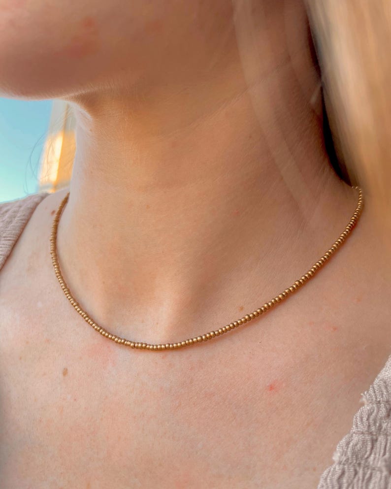 Gold Seed Bead Necklace Dainty Layering Jewelry for Women Minimalist Gold Choker Delicate Handmade Boho Necklace Matte Gold Necklace Beaded image 8