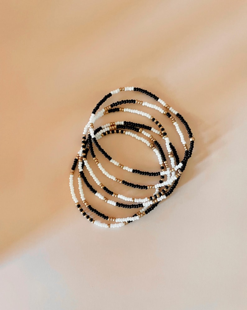 Tiny Beaded Stretch Bracelet Set Gold and Black College Graduation Gift Boho Jewelry Stacking Elastic Bracelet Grad Gift for Her Handmade image 8