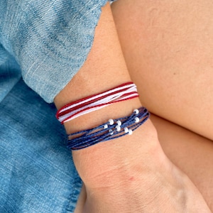 American Flag Bracelet Set String Bracelet 4th of July Jewelry Patriotic Red White and Blue Accessories Americana Gift Idea Handmade Stack