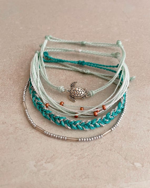 Beach Bracelet Set Adjustable String Turtle Charm Ocean Theme Braided Beaded Summer Bracelet Turquoise Coastal Style Design Vacation Jewelry