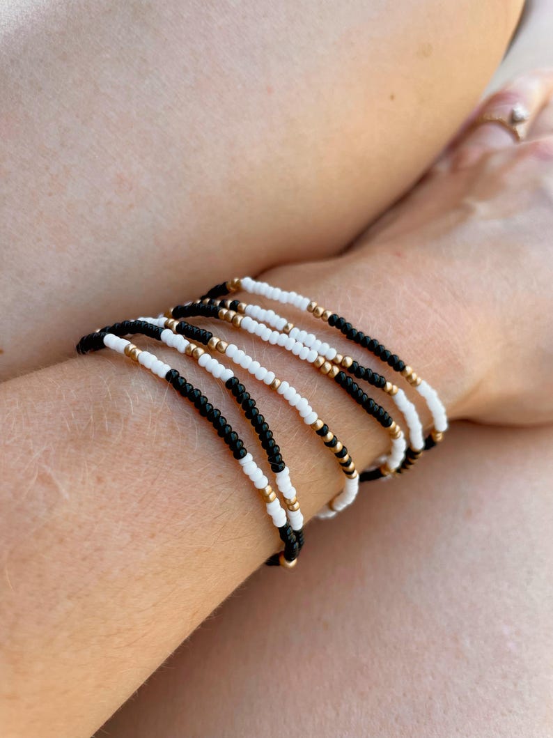 Tiny Beaded Stretch Bracelet Set Gold and Black College Graduation Gift Boho Jewelry Stacking Elastic Bracelet Grad Gift for Her Handmade image 7