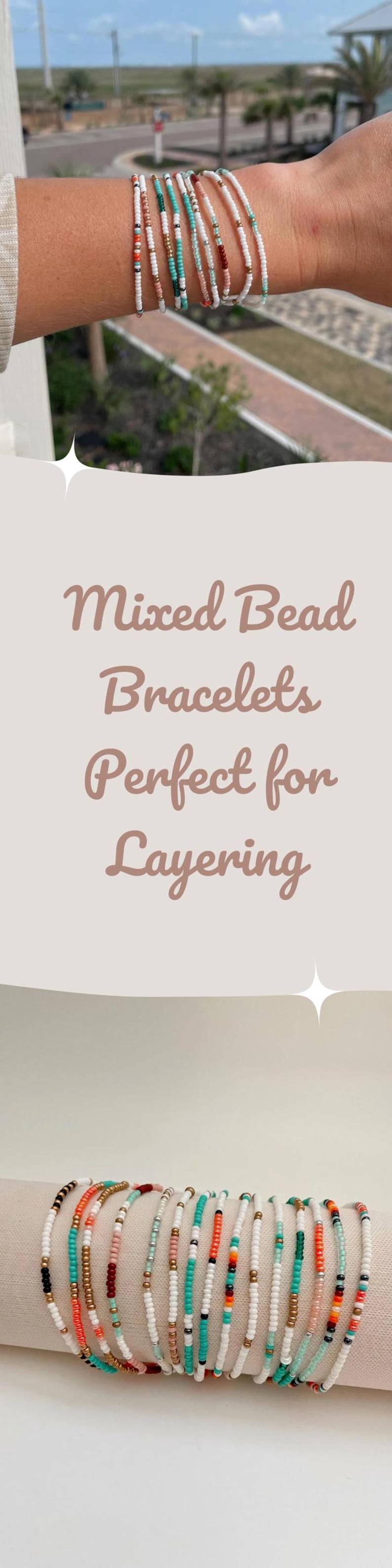 Peut inclure: Bracelets de perles mixtes de diff&eacute;rentes couleurs, dont blanc, turquoise, orange et or. Les bracelets sont pr&eacute;sent&eacute;s sur un poignet et un tissu roul&eacute;. Le texte "Mixed Bead Bracelets Perfect for Layering" est inclus.