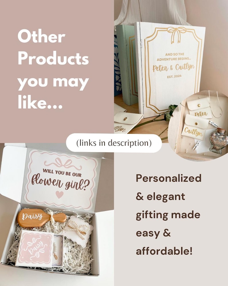 May include: A white gift box containing a wooden hairbrush with the name Daisy, a small box with a pink label, and a pearl hair clip. The box lid features the text Will You Be Our Flower Girl? with a pink heart and a decorative border design.