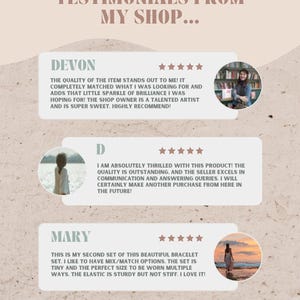 Peut inclure: Un affichage graphique intitul&eacute; TESTIMONIALS FROM MY SHOP pr&eacute;sentant trois avis clients avec des notes de cinq &eacute;toiles. Chaque section comprend un nom de client, un avis &eacute;crit et une photographie circulaire. Le fond est beige textur&eacute;.