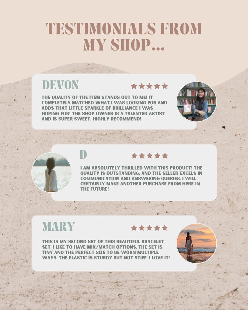 Peut inclure: Un affichage graphique intitul&eacute; TESTIMONIALS FROM MY SHOP pr&eacute;sentant trois avis clients avec des notes de cinq &eacute;toiles. Chaque section comprend un nom de client, un avis &eacute;crit et une photographie circulaire. Le fond est beige textur&eacute;.