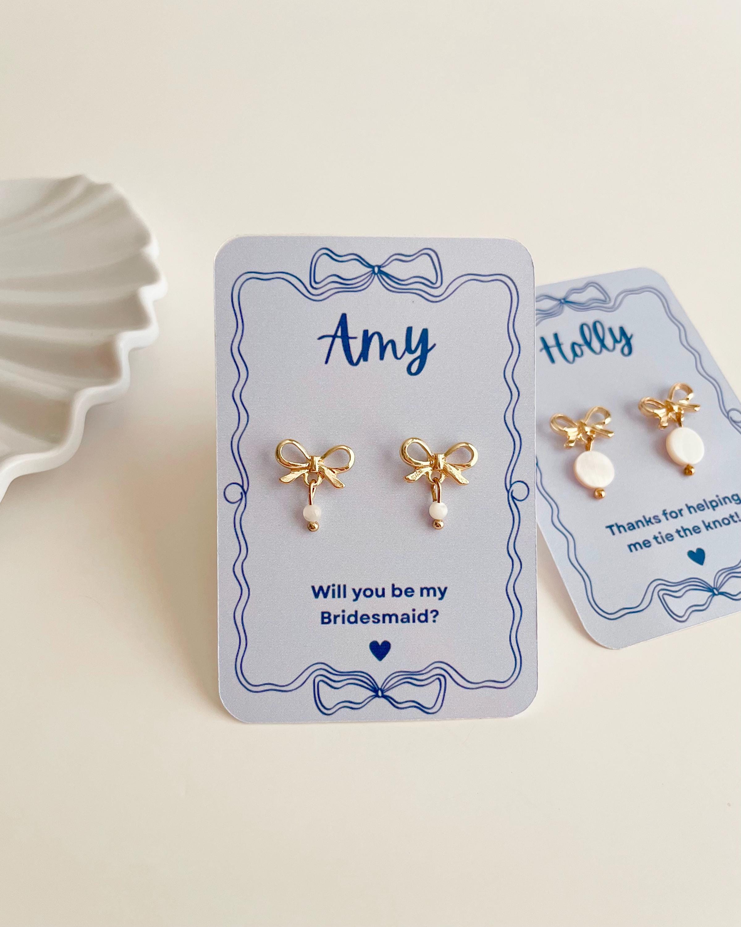 Bridesmaid Proposal Earring Gold Bow Stud Pearl Drop Jewelry Wedding Party Gift Card Custom Message Thank You Bridesmaid Ask Tie Knot Dainty