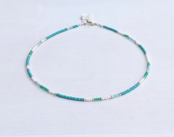 16 Dainty Minimalist Seed Bead Necklace Multi Turquoise