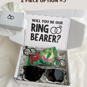Ceremony Role Invitation Ring Bearer Proposal Gift Box Wedding Party Ask Package Kids Bridal Party Present Black Bow Tie Sunglasses Ring Pop Candy Confetti White Crinkle Paper Scalloped Card Will You Be Our Ring Bearer Question Complete
