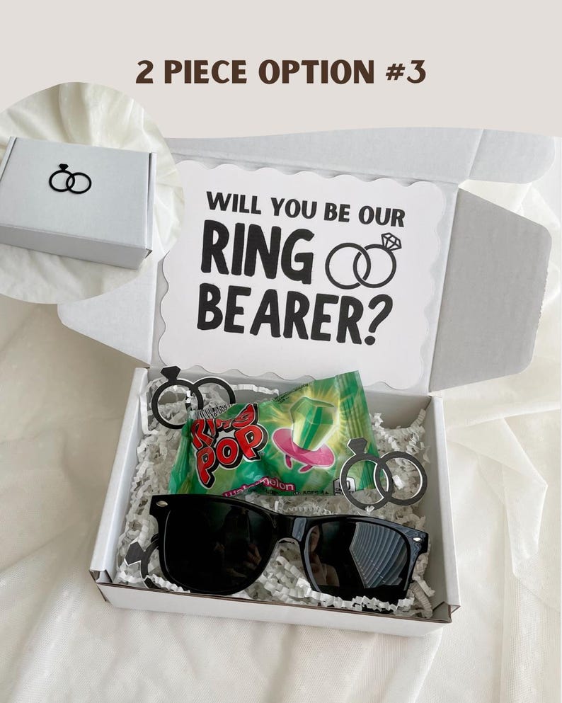 Ceremony Role Invitation Ring Bearer Proposal Gift Box Wedding Party Ask Package Kids Bridal Party Present Black Bow Tie Sunglasses Ring Pop Candy Confetti White Crinkle Paper Scalloped Card Will You Be Our Ring Bearer Question Complete