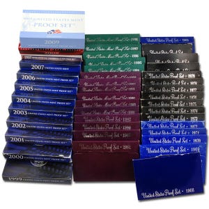 May include: A collection of United States Mint Proof Sets from 1968 to 2009. The sets are in their original packaging, with various colors including blue, green, and burgundy. Each box is labeled with the year and "United States Mint Proof Set."