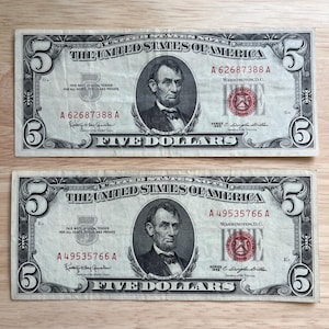 Lot of 2 USA 1934D $5 Blue Seal Silver Certificate, 1953 $2 Red Seal Banknote eB