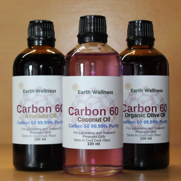 Carbon 60 biologische kokosolie Buckminsterfullereen 99,99% zuiverheid C60 in amberkleurige glazen fles, maat 100 ml