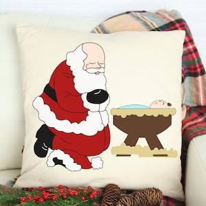 Weihnachtsmann kniet und betet SVG über Jesuskind in Krippe