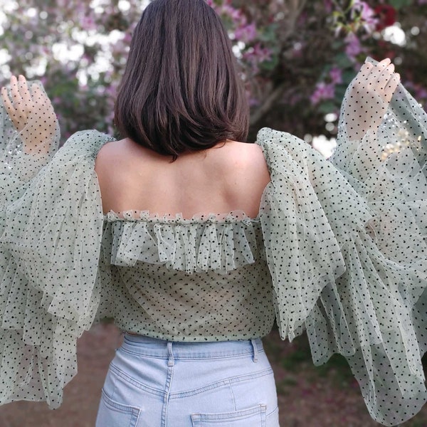 CAMELLIA mesh top tulle polkadot layer donne verde croptop festa di compleanno di laurea