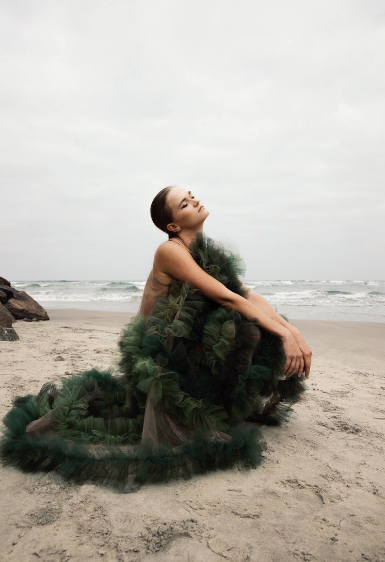 LOBELIA Slip on tulle ROBE /tutu / dress/ photoshoot/ maternity/ occasion / special / green/ long / sheer fabric / beach / overlays image 2