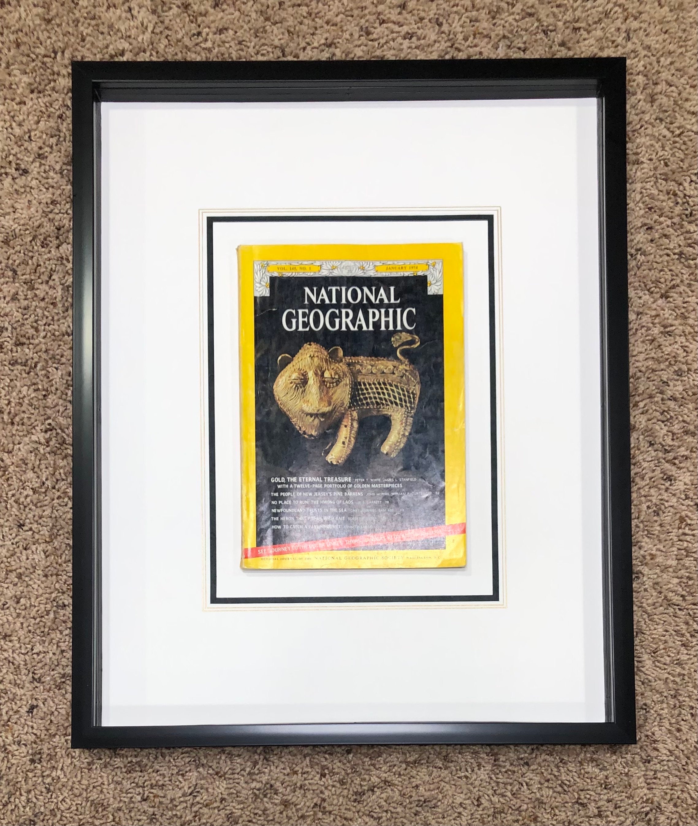 January 1974, Vol. 145, No. 1 Framed National Geographic Magazine Display Matting French Matted National Geographic, Custom Magazine Display