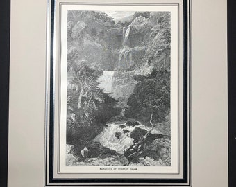 May include: Black and white print of a waterfall scene, titled "Panorama of Trenton Falls." The artwork is framed with a black and silver border, set against a white mat. The detailed illustration depicts a cascading waterfall surrounded by trees.