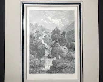 May include: A black and white engraving of a waterfall in a wooded area. The caption reads "Silver Cascade, Crawford's Notch."